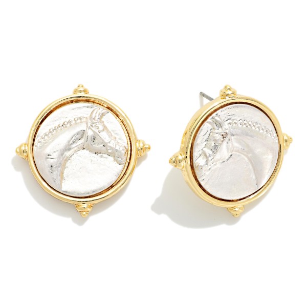 Metal Tone Medallion Post Drop Earring Featuring Horse 

- Approximately 1" L 