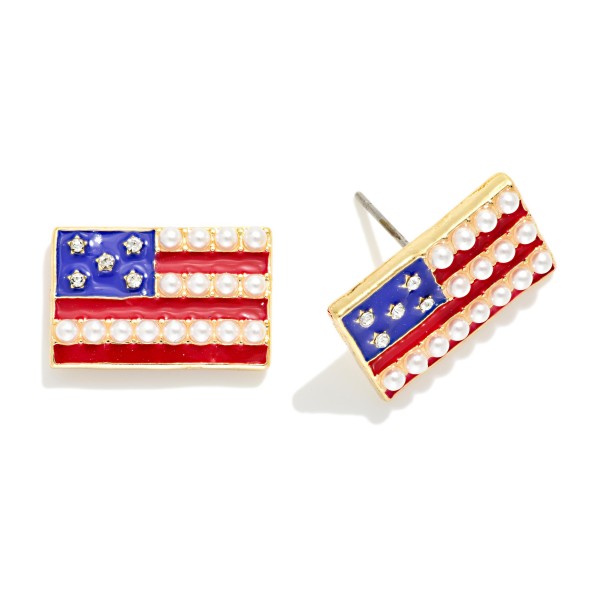 Enamel Americana Flag Post Drop Earring Featuring Rhinestones & Pearls 

- Approximately .50 " L 