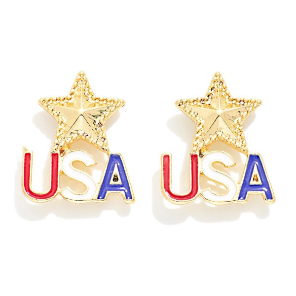 Metal Star & "USA" Enamel Americana Post Drop Earring 

- Approximately .50" L 