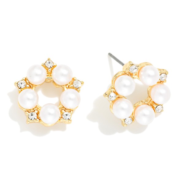 Metal Tone Circle Post Drop Earring Featuring Pearls & Rhinestone’s 

- Approximately .50" D 