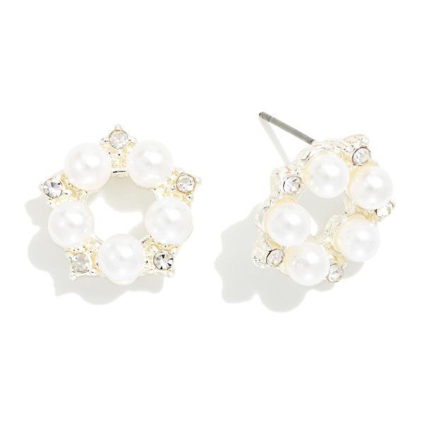 Metal Tone Circle Post Drop Earring Featuring Pearls & Rhinestone’s 

- Approximately .50" D 