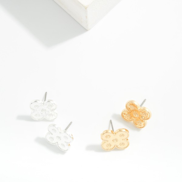 Metal Tone Clover Stud Earrings With 3D Flower Details 

- Approximately .5" L