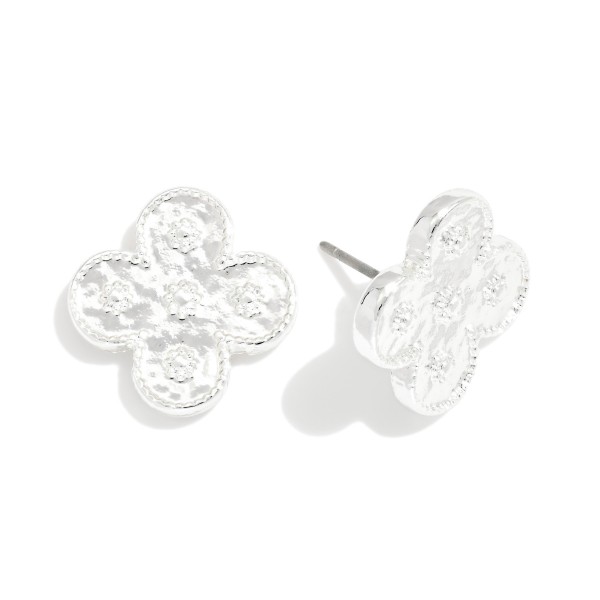 Metal Tone Clover Stud Earrings With 3D Flower Details 

- Approximately .5" L