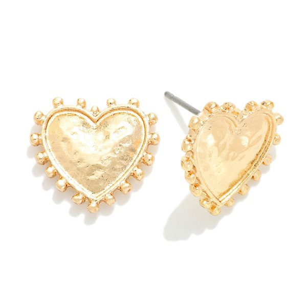 Hammered Metal Heart Stud Earrings With Studded Edges 

- Approximately .5" L