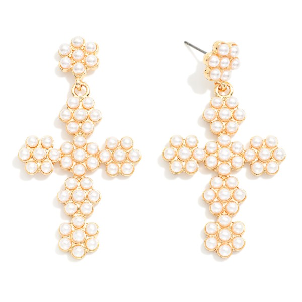 Pearl Studded Flower Cross Post Drop Earrings 

- Approximately 2.25" L