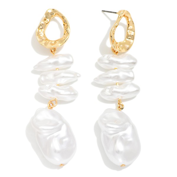 Linked Baroque Pearls & Metal Tone Hollow Geometric Shape Post Drop Earrings 

- Approximately 2.5" L