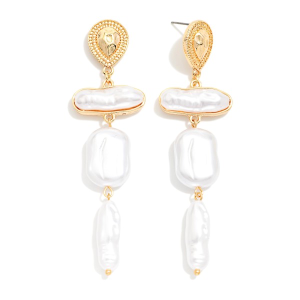 Linked Baroque Pearls & Metal Tone Teardrop Post Drop Earrings 

- Approximately 3" L