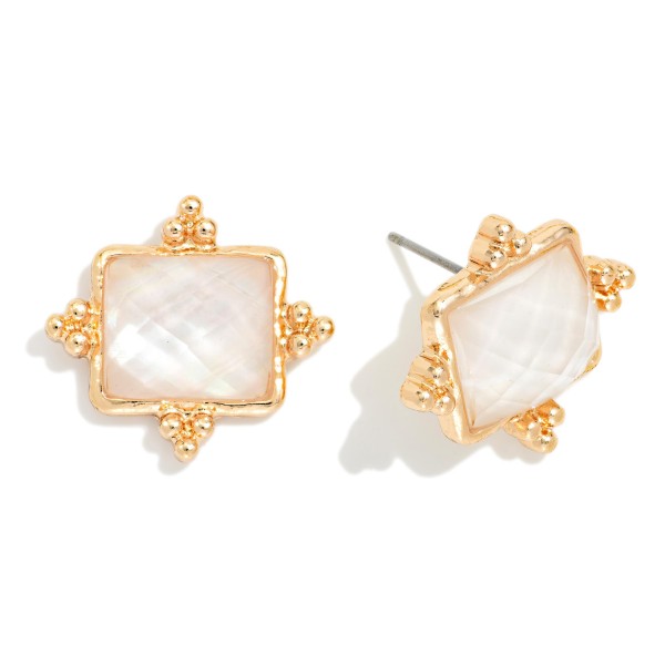 Gold Tone Square Rhinestone Stud Earrings Featuring Bead Accents 

- Approximately .5" L 