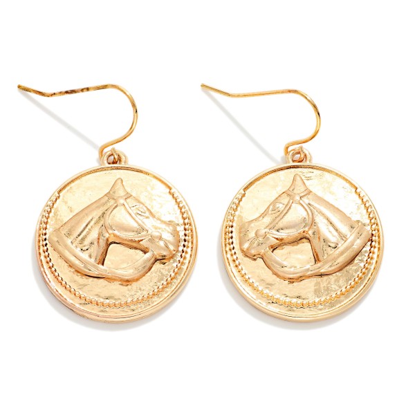 Metal Tone Medallion Drop Earring Featuring Metal Tone Horse Detail 

- Approximately 1.5" L 