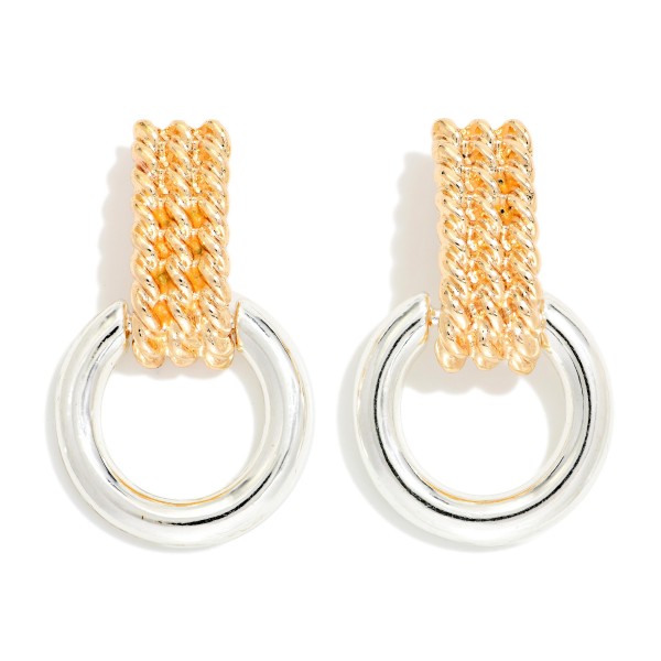 Two Tone Metal Hoop Drop Door Knocker Post Drop Earrings 

- Approximately 1.05" L