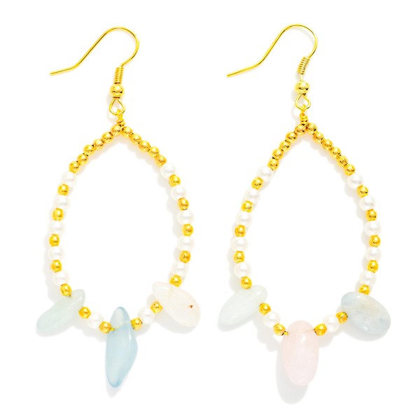 Beaded Teardrop Earrings Featuring Pearl Stations, Metal Tones, And Stone Dangle Detail

- Approximately 2.75" L 
