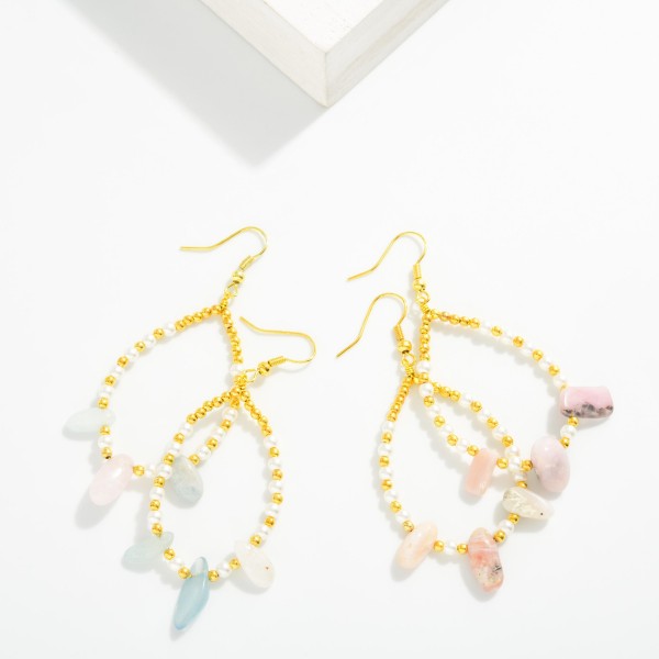 Beaded Teardrop Earrings Featuring Pearl Stations, Metal Tones, And Stone Dangle Detail

- Approximately 2.75" L 