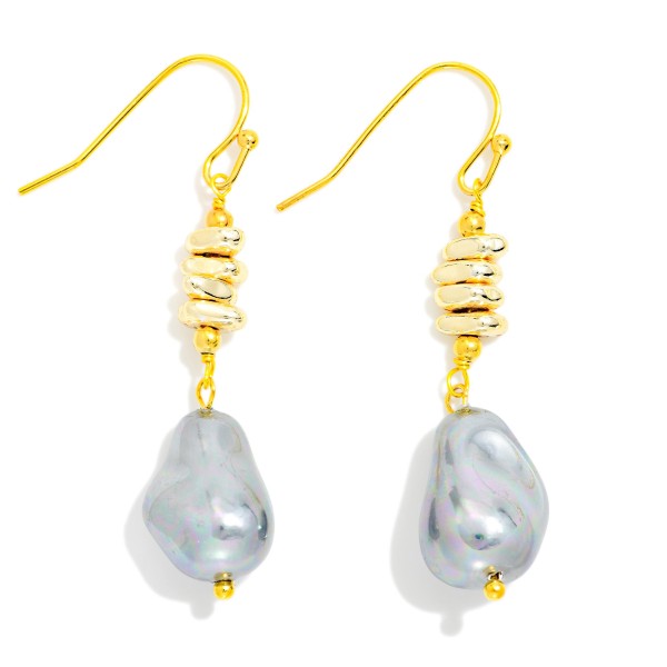 Linked Stacked Metal Bead And Baroque Pearl Drop Earring 

- Approximately 1.75