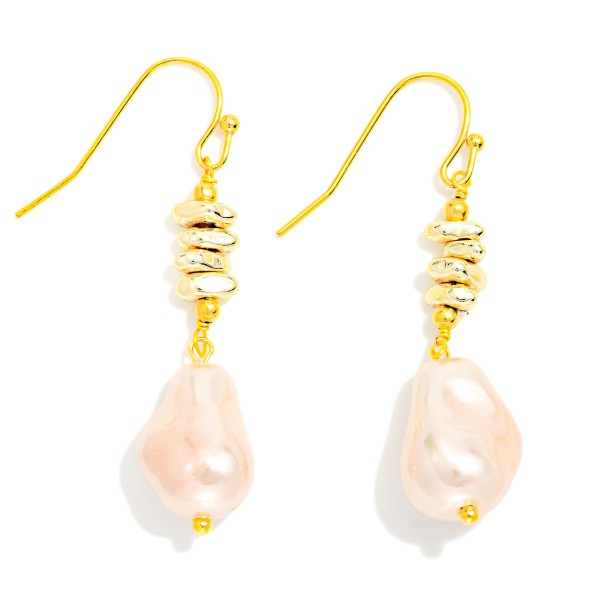 Linked Stacked Metal Bead And Baroque Pearl Drop Earring 

- Approximately 1.75