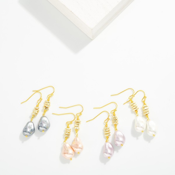 Linked Stacked Metal Bead And Baroque Pearl Drop Earring 

- Approximately 1.75