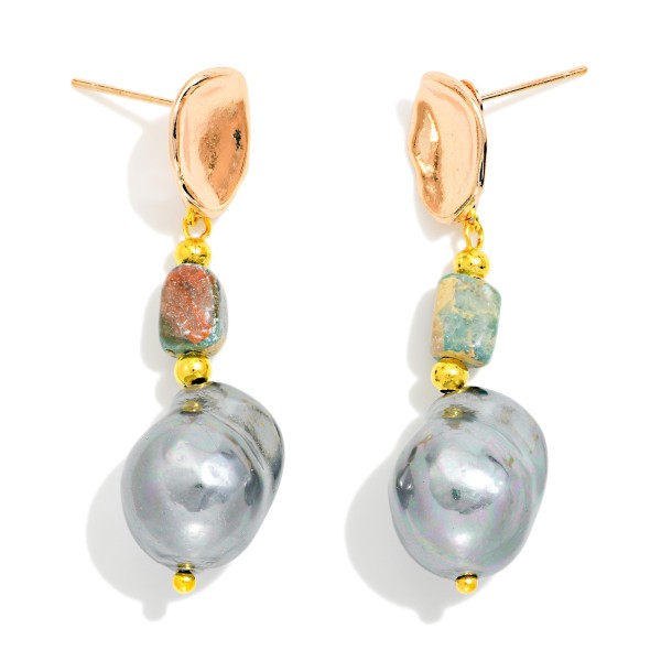 Linked Hammered Metal And Pearl Post Drop Earring Featuring Stone And Gold Tones

- Approximately 2" L 