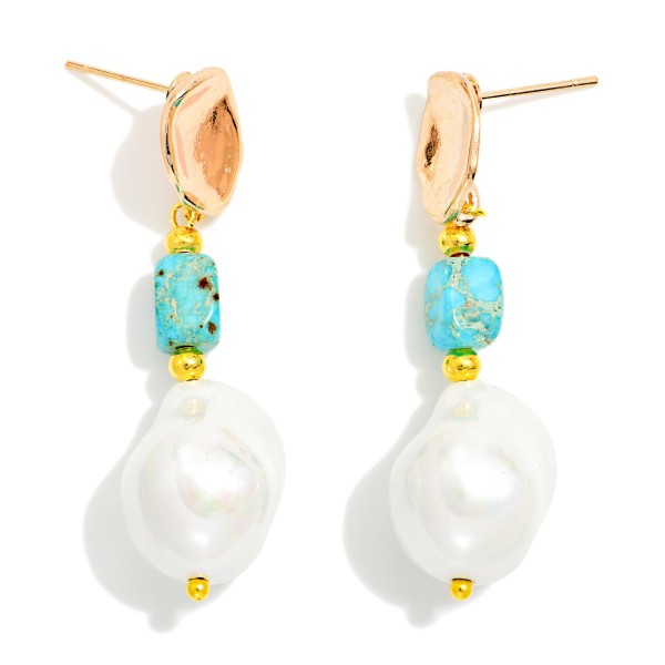 Linked Hammered Metal And Pearl Post Drop Earring Featuring Stone And Gold Tones

- Approximately 2" L 