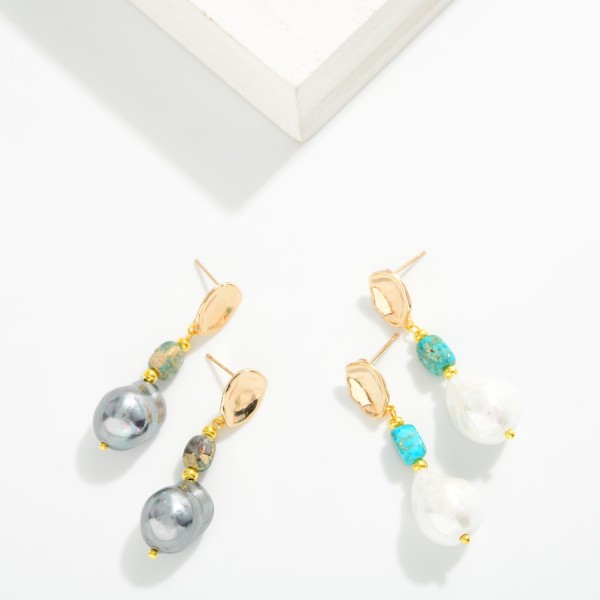 Linked Hammered Metal And Pearl Post Drop Earring Featuring Stone And Gold Tones

- Approximately 2" L 