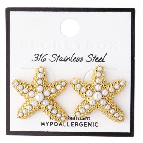 Metal Tone & Pearl Starfish Post Drop Earrings 

- Stainless Steel
- Water Resistant
- Approximately 1" L