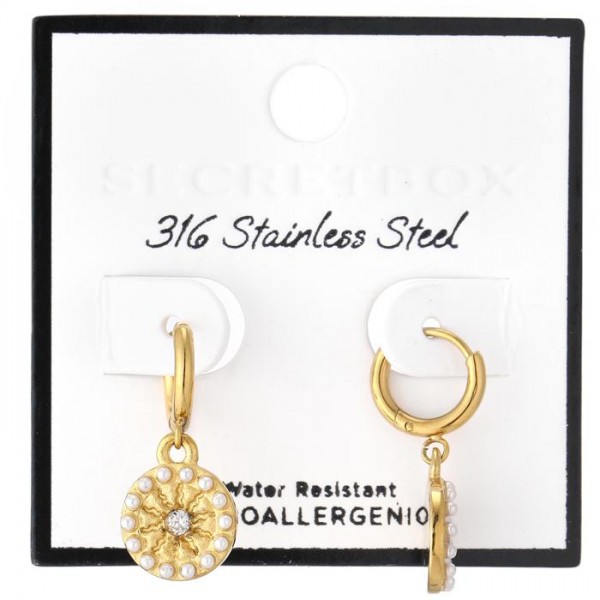 Metal Tone & Pearl Sun Drop Hoop Earrings 

- Stainless Steel
- Water Resistant
- Approximately .5" D