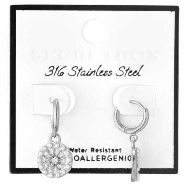 Metal Tone & Pearl Sun Drop Hoop Earrings 

- Stainless Steel
- Water Resistant
- Approximately .5" D