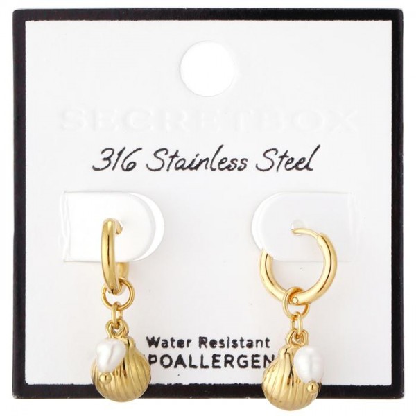 Metal Tone Shell & Pearl Drop Hoop Earrings 

- Stainless Steel
- Water Resistant
- Approximately 1" L
