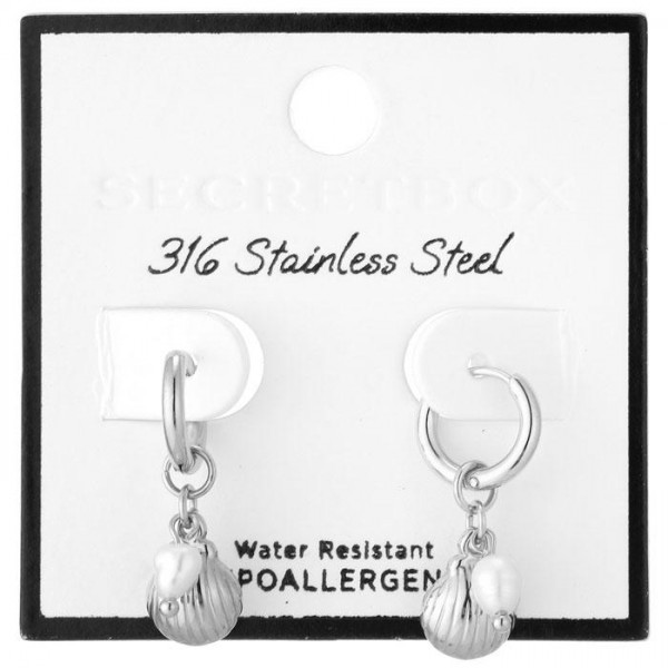 Metal Tone Shell & Pearl Drop Hoop Earrings 

- Stainless Steel
- Water Resistant
- Approximately 1" L