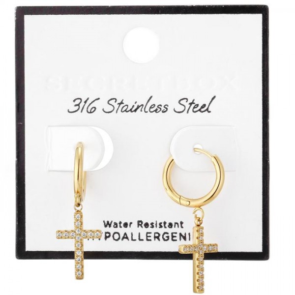 Rhinestone Cross & Metal Tone Hoop Drop Earrings 

- Stainless Steel
- Water Resistant
- Approximately 1.25" L