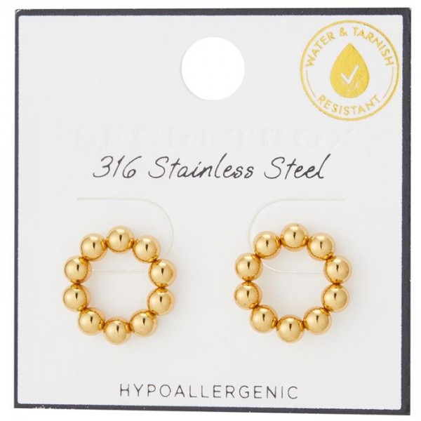 Metal Tone Beaded Hoop Post Drop Earrings 

- Stainless Steel
- Water Resistant
- Approximately .5" L