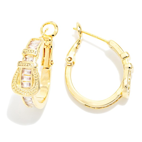 Metal Tone & Rhinestone Buckle Hoop Earrings 

- Approximately .75" D