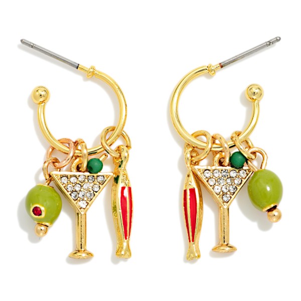 Metal Tone Hoop Earrings With Martini, Olive, & Fish Charms 

- Approximately 1" L