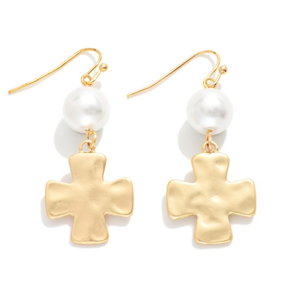 Pearl & Metal Tone Hammered Plus Cross Drop Earrings 

- Approximately 1.75" L