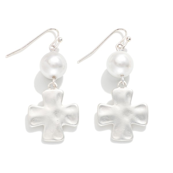Pearl & Metal Tone Hammered Plus Cross Drop Earrings 

- Approximately 1.75" L