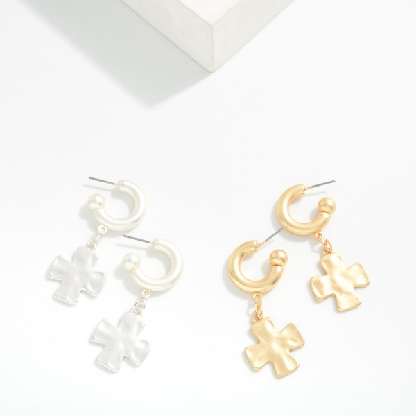 Hammered Metal Plus Cross & Matte Metal Hoop Drop Earrings 

- Approximately 1.75" L