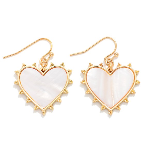 Pearlescent Heart Drop Earrings With Metal Tone Spikey Border 

-Approximately 1.25" L