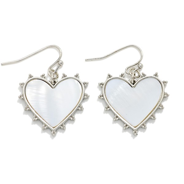 Pearlescent Heart Drop Earrings With Metal Tone Spikey Border 

-Approximately 1.25" L