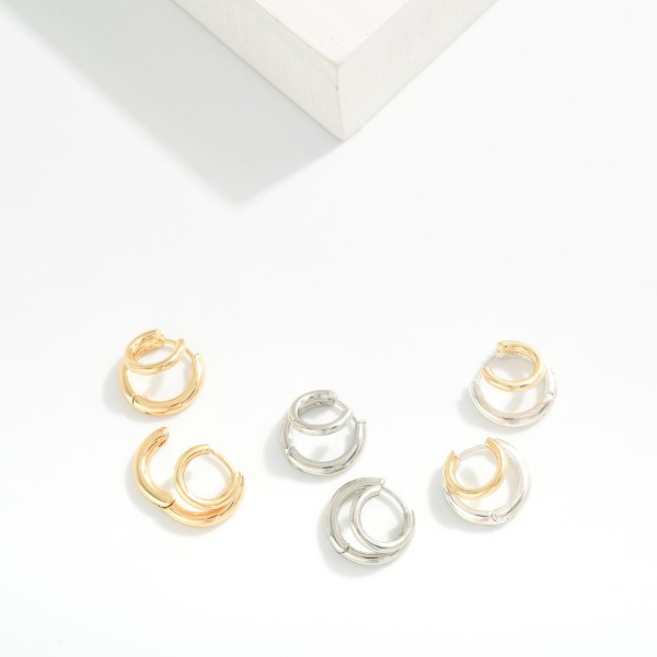 Two Tone Layered Huggie Hoop Drop Earring 

- Approximately .75" D 
