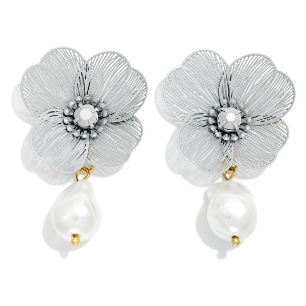 Metal Tone Flower & Baroque Pearl Drop Earrings 

- Approximately 2" L
