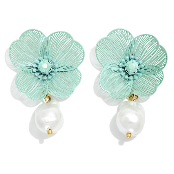 Metal Tone Flower & Baroque Pearl Drop Earrings 

- Approximately 2" L
