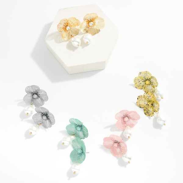 Metal Tone Flower & Baroque Pearl Drop Earrings 

- Approximately 2" L
