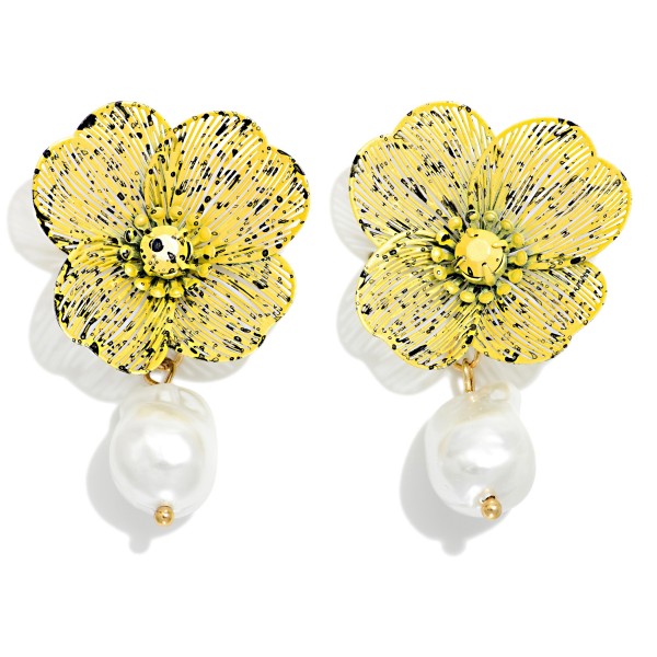 Metal Tone Flower & Baroque Pearl Drop Earrings 

- Approximately 2" L

