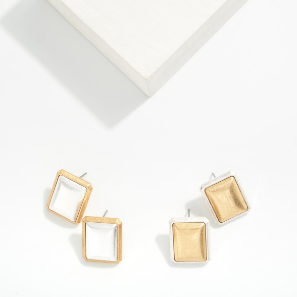 Metal Tone Featuring Two Tone Squared With Border Pendant 

- Approximately 1." L 
