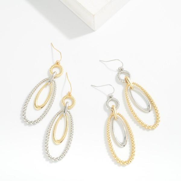 Linked Twisted Metal Hoop & Metal Tone Bubble Oval Drop Earrings 

- Approximately 2.5" L