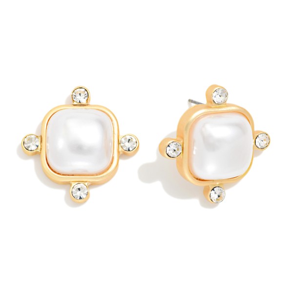 Square Pearl Post Drop Earrings With Rhinestone Details 

- Approximately 1" L