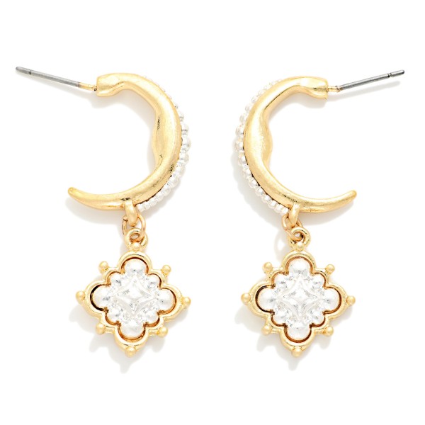 Two Tone Hoop & Clover Drop Earrings With 3D Detail 

- Approximately 1.5" L