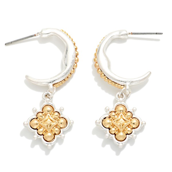 Two Tone Hoop & Clover Drop Earrings With 3D Detail 

- Approximately 1.5" L