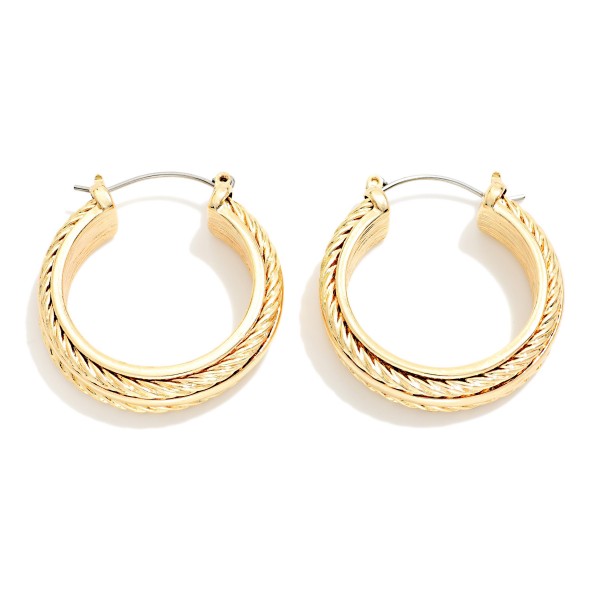 Metal Tone Hoop Earrings With Twisted Metal Details 

- Approximately 1" D