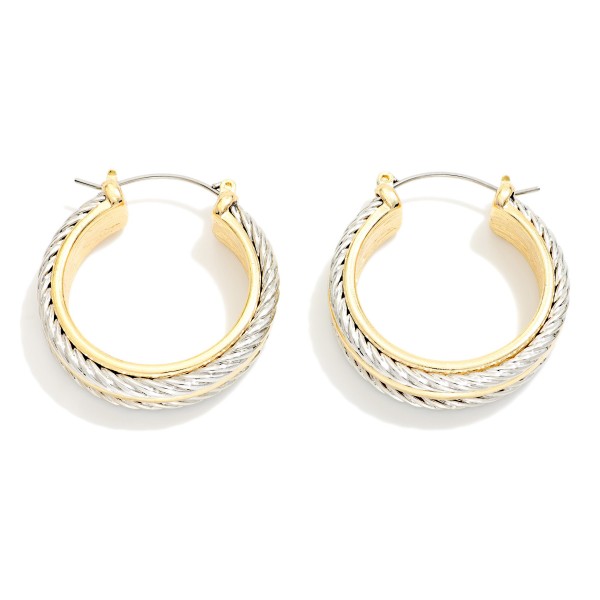 Metal Tone Hoop Earrings With Twisted Metal Details 

- Approximately 1" D