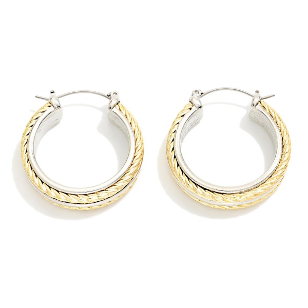 Metal Tone Hoop Earrings With Twisted Metal Details 

- Approximately 1" D