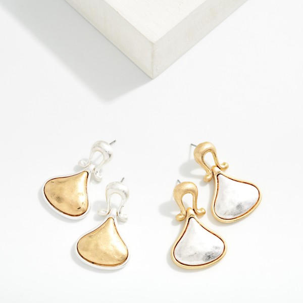Two Toned Hammered Metal Teardrop Post Drop Earrings 

- Approximately 1.5" L